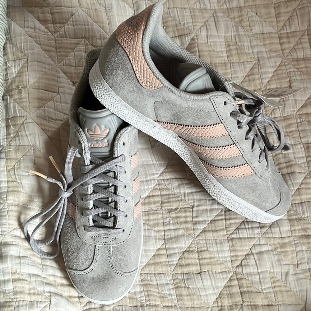Adidas Women's Gazelle Suede Gray and Faux Alligator Skin Pink Sneakers